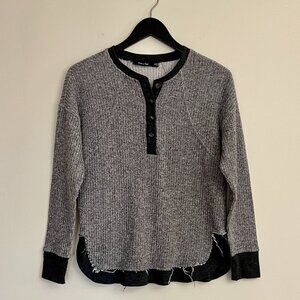 Doe and Rae grey waffle-knit henley with black trim and raw hem detail, small